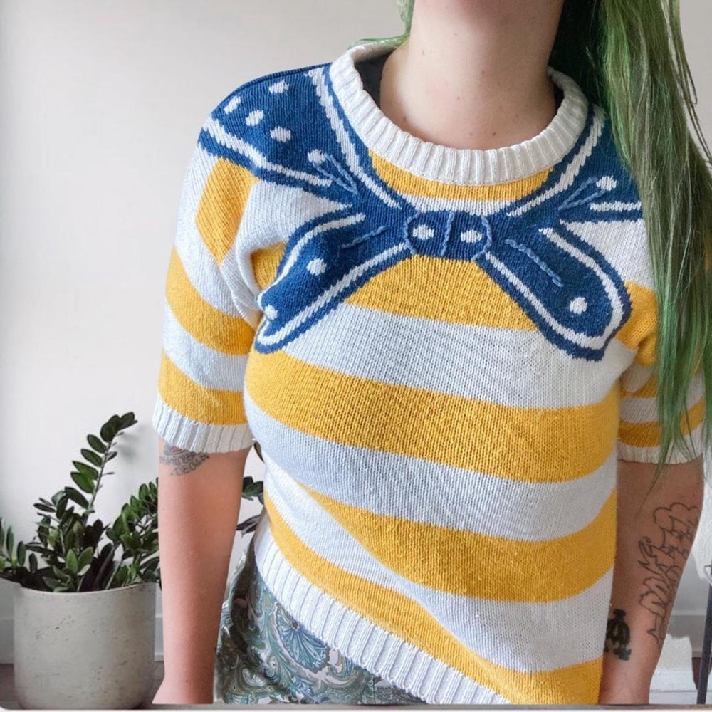 Vintage 80's Sailor Bow Knit Pull Over Sweater Yellow Size Small